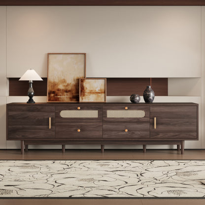 76.8 inch Dark Brown PE Rattan TV Stand Soft Close Cabinets For 85 Inch Large Screen TV