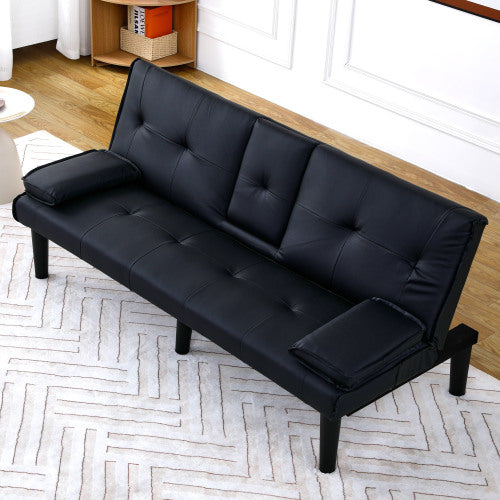 67-Inch Black PVC Multi-Functional Foldable Sofa Bed with Built-In Cup Holder