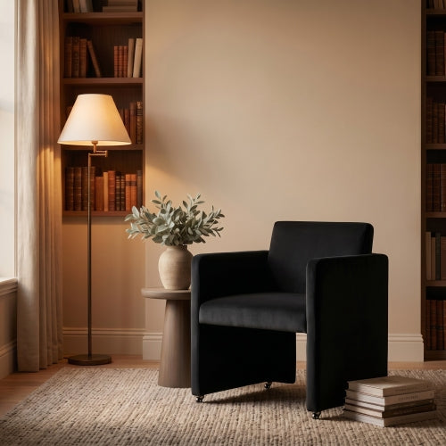 Velvet Upholstered Barrel Dining Armchair with Wood Frame, Black