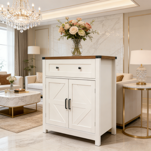 White & Wood-Grain Top Farmhouse Barn-Door Storage Cabinet, Coffee Bar Buffet Sideboard with Drawer for Kitchen & Living Room