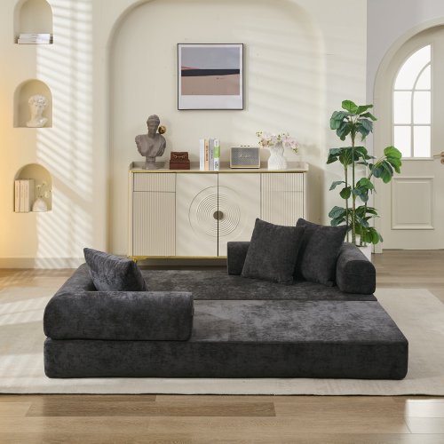 Black Chenille Convertible Folding Floor Sofa Bed with Armrest