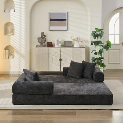 Black Chenille Convertible Folding Floor Sofa Bed with Armrest