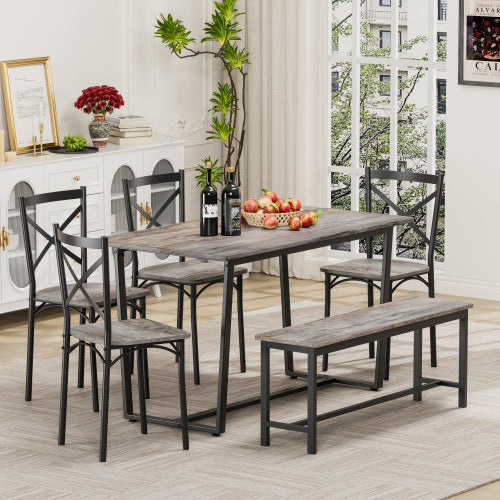 6-Piece Gray Industrial Dining Set, MDF Table, 4 Chairs & 1 Bench