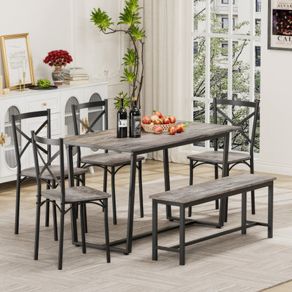6-Piece Gray Industrial Dining Set, MDF Table, 4 Chairs & 1 Bench