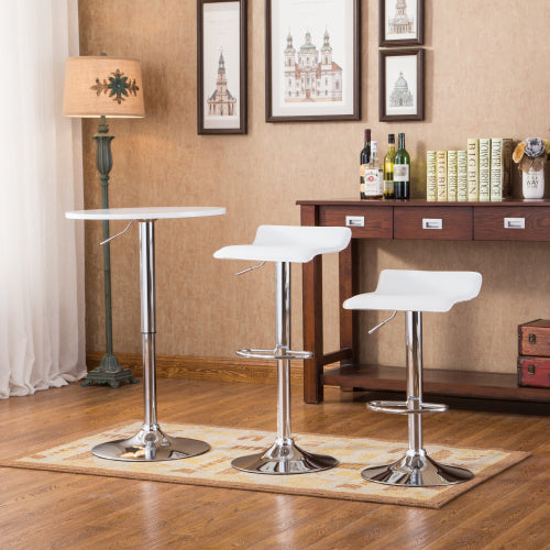 White Adjustable Height Wood and Chrome Metal Bar Table and 2 Chrome Air Lift Adjustable Swivel Stools Set