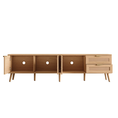70.87 inch Natural Wood PE Rattan TV Stand 2 Drawer Media Console Fits Up To 80 Inch TV