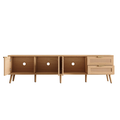 70.87 inch Natural Wood PE Rattan TV Stand 2 Drawer Media Console Fits Up To 80 Inch TV