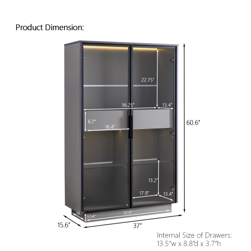 60.6'' Freestanding Grey Glass Door Display Cabinet LED Light Adjustable Shelves Home Storage Cabinet
