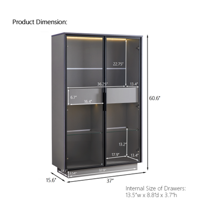 60.6'' Freestanding Grey Glass Door Display Cabinet LED Light Adjustable Shelves Home Storage Cabinet