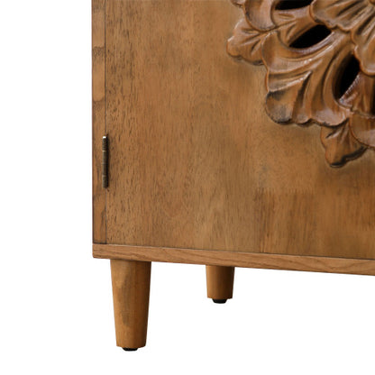 Rustic Hand-Carved Floral 2-Door Wooden Cabinet Bohemian Style Solid Wood Leg Storage Sideboard For Home Decor