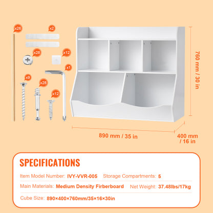 White 5-Cubby Wooden Kids Storage Cabinet Multi-Grid Toy Bookshelf Rounded Edge Safe Children Room Furniture