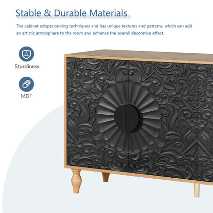 Black Carved Symmetrical Door TV Stand Wood Frame Storage Cabinet for Living Room Entryway