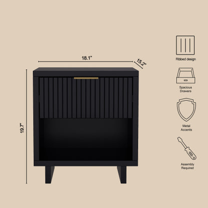 Black Modern Nightstand with Fluted Drawer & Open Shelf