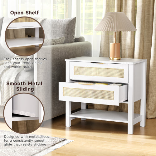 White Rattan 2-Drawer Nightstand with Shelf, Boho Style