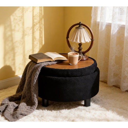 25 Inch Round Storage Ottoman, Black Tufted Fabric
