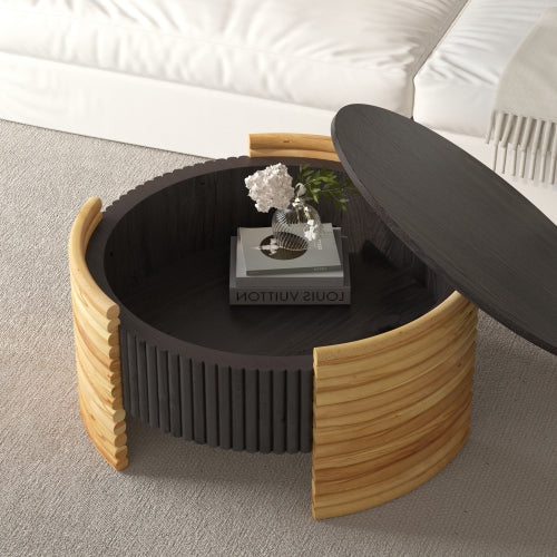 31.5inch  Round Flip-Top Coffee Table, Colorblock Striped MDF with Wood Veneer