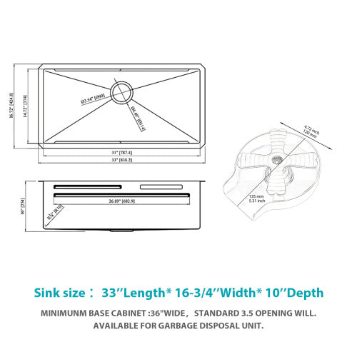 33" Undermount Waterfall Kitchen Sink - 33 x 16.72 x 10 inch Single Bowl 16 Gauge Stainless Steel Ledge Workstation Kitchen Sinks with Pull-Down Faucet & Cup Washer