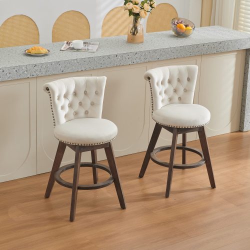 26inch Counter Height Bar Stools Set of 2, 360¡ã Swivel Stools with Back & Hand - Tufted Button - Trimmed Edges, Upholstered Velvet Kitchen Counter Stools on Wood Legs,Beige