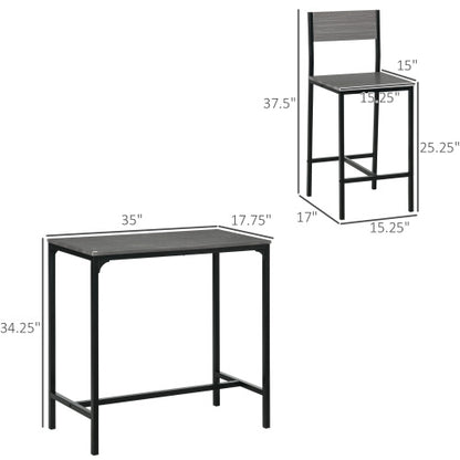3 Piece Bar Table and Chairs, Industrial Dining Table Set for 2, Counter Height Kitchen Table with Bar stools, Breakfast Table Set for 2 for Small Space, Gray