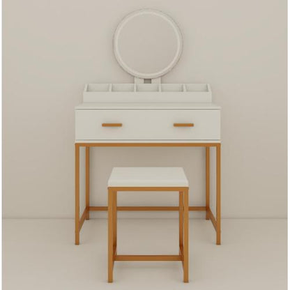Vanity Set with Mirror and Stool - Makeup Vanity Table with Storage Drawers and Organizer, White and Gold, Space-Saving Design for Small Bedrooms