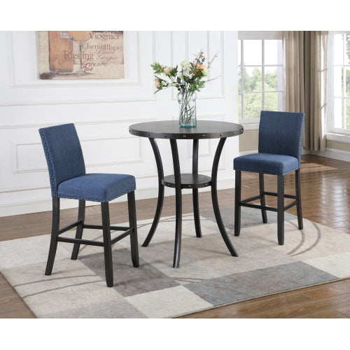 3-Piece 36inch  Round Espresso Finish Bar Table with 2 Blue Fabric Nail Head Pub Chairs
