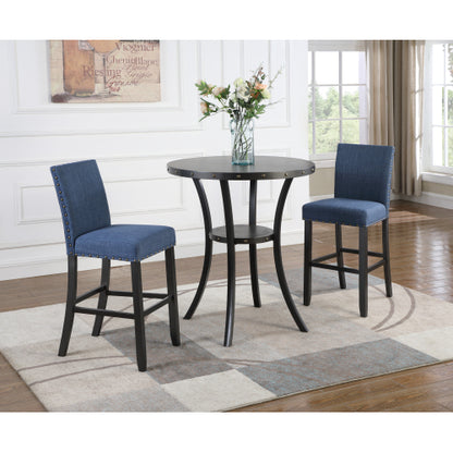 3-Piece 36inch  Round Espresso Finish Bar Table with 2 Blue Fabric Nail Head Pub Chairs