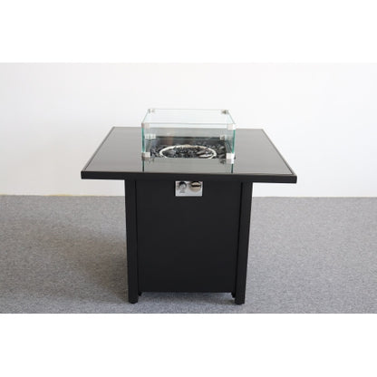 30" Black Powder-Coated Metal Fire Pit with Smoked Glass Top