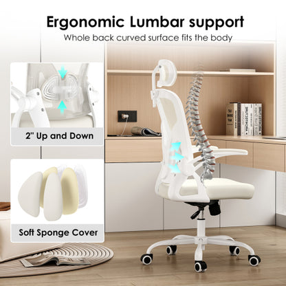 Ergonomic Office Chair, Home Office Desk Chair with Headrest, High Back Computer Chair with Armrests and Adjustable Lumbar Support for Home Office Study Room,White & White