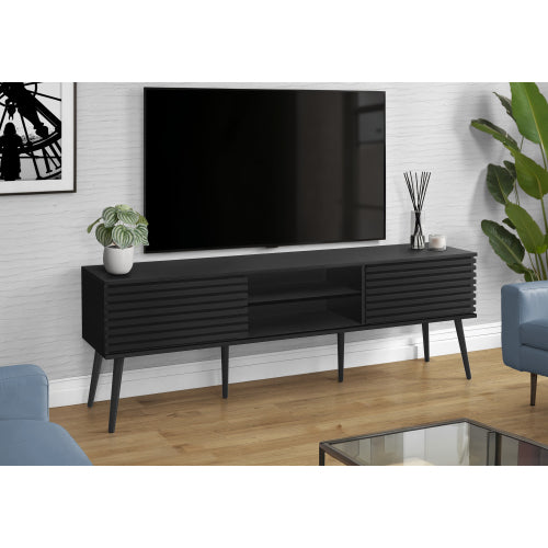 72 Inch Contemporary Black Laminate TV Stand with Sliding Doors & Cable Management