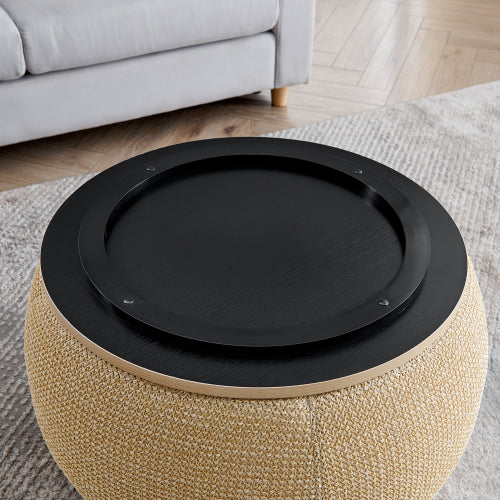 Natural Rattan Fabric Round Storage Ottoman with Inner Stool, 2 in 1 Footrest & Side Table, 25 inch x25 inch x14.7 inch