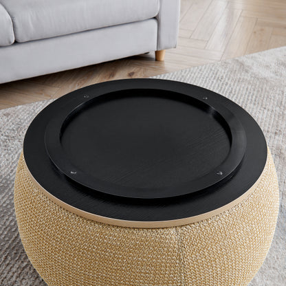 Natural Rattan Fabric Round Storage Ottoman with Inner Stool, 2 in 1 Footrest & Side Table, 25 inch x25 inch x14.7 inch