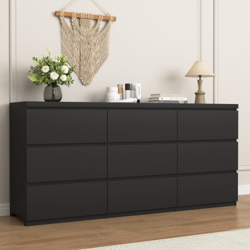 9 Drawer Dresser with No Handle Design, Modern Black Matte Wood Dresser for Bedroom, Storage Chest of Drawers for Living Room, Hallway, Entryway