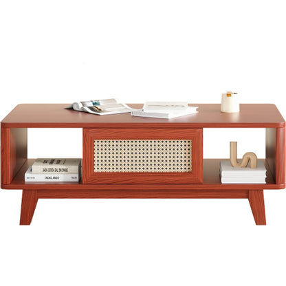 Mid Century Coffee Table Rattan Drawer Solid Wood Leg Storage Table