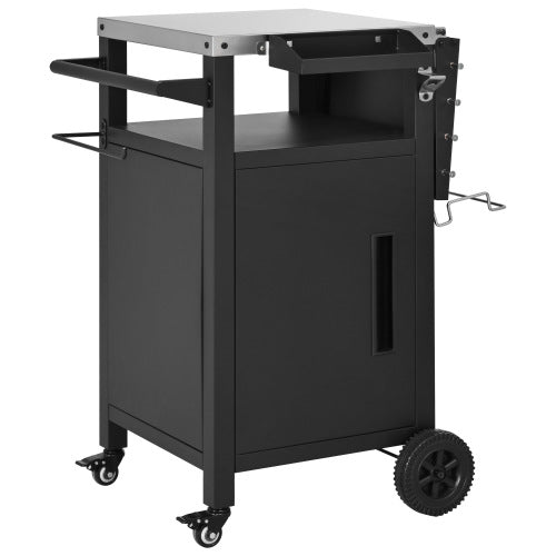 33.9 inch Outdoor Grill Cart with Drop Leaf, Outdoor Metal Bar Cart Pizza Oven Table with Wheels, Stainless Steel Top, Outdoor Kitchen Island with Storage Cabinet & Spice & Paper Rack for BBQ, Waterpr