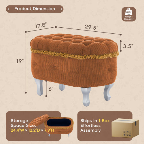 Orange Fringed Button Tufted Storage Ottoman Bench, 29.5 Inch Upholstered End of Bed Bench for Entryway Bedroom