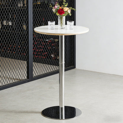 Rock slab circular tabletop non adjustable (39 inches high) bar table, bar table with silver legs and base (white)