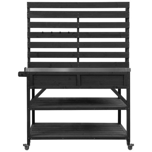 K&K 64.9"H Outdoor Potting Bench Table with Lockable Wheels, Solid Wood Outdoor Kitchen Island with Upper Hutch, Stainless Steel Top, Towel Rack ,Outdoor Storage for Grilling, Lawn Garden -Black