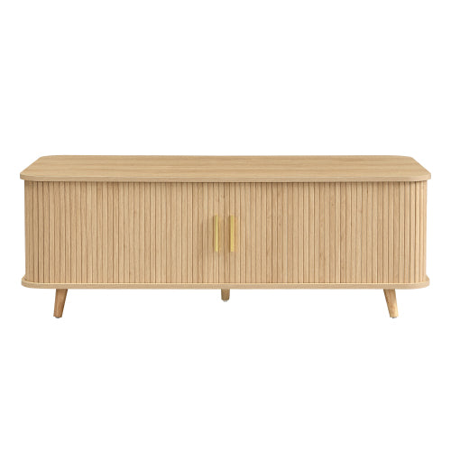Mid-Century Natural Wood Coffee Table with Tambour Doors & 4 Open Storage Compartments