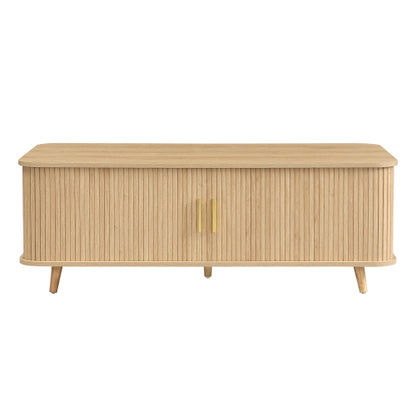 Mid-Century Natural Wood Coffee Table with Tambour Doors & 4 Open Storage Compartments