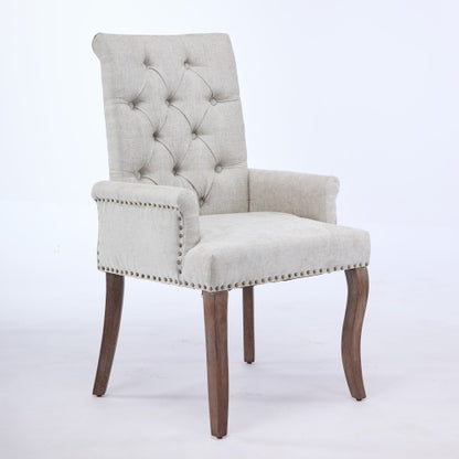 Upholstered Chenille Arm Dining Chair, Tufted Accent Chair with Curved Solid Wood Legs, Beige, Single Pack