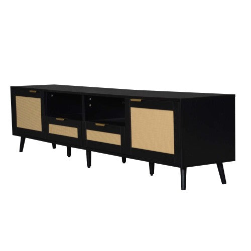 78.74 Inch Farmhouse Rattan TV Stand Solid Wood Leg Media Console Supports 85 Inch TV