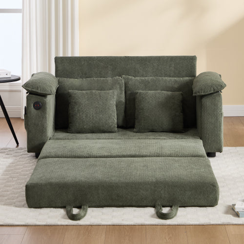 58-Inch Green 3-in-1 Convertible Futon Sofa-Bed, Side Pockets & USB Port