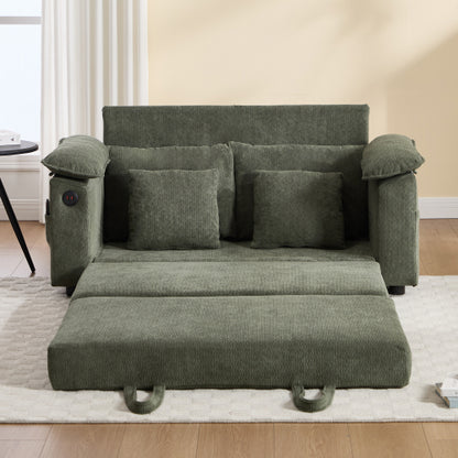 58-Inch Green 3-in-1 Convertible Futon Sofa-Bed, Side Pockets & USB Port