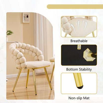 2 Pack Beige Velvet Dining Chairs, Bubble Cushion Back Accent Chairs with Gold Finished Metal Legs