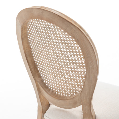 Rattan Back Wood Dining Chairs with Linen Seats, Set of 2, Beige