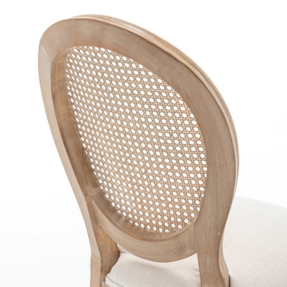 Rattan Back Wood Dining Chairs with Linen Seats, Set of 2, Beige