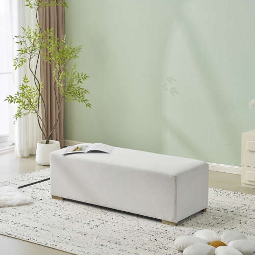 White Nordic Long Ottoman Bench, Breathable Skin-Friendly Fabric Shoe Stool, Holds 2-3 People for Bedroom Entryway