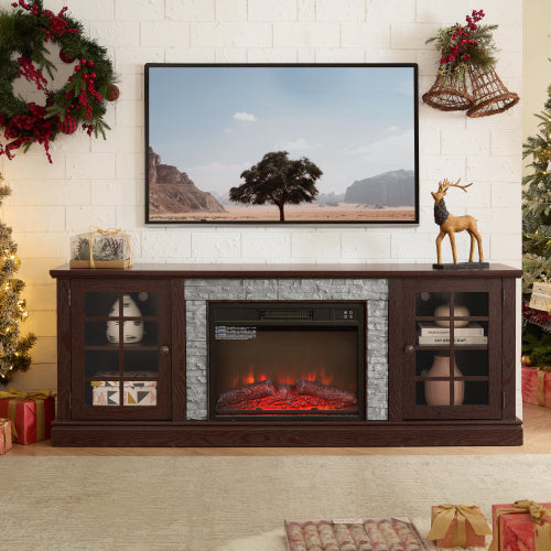 70 Inch TV Stand with Electric Fireplace Cherry Faux Stone Media Console