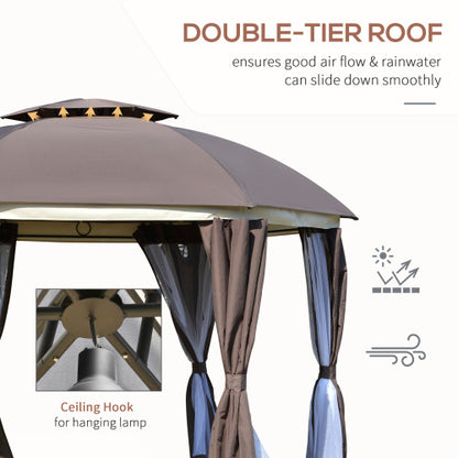Outsunny 12' x 12' Round Outdoor Gazebo, Patio Dome Gazebo Canopy Shelter with Double Roof, Netting Sidewalls and Curtains, Zippered Doors, Strong Steel Frame, Brown