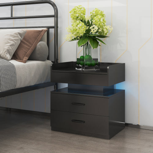 LED Nightstand with Remote Control Light, 2 Sliding Drawers Multi-Functional Side Table